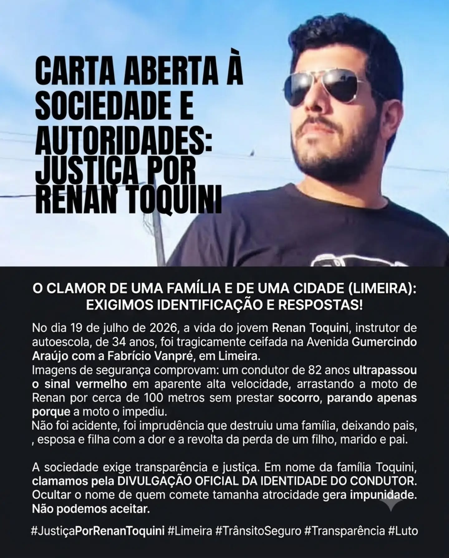 Carta aberta da família de Renan Toquini